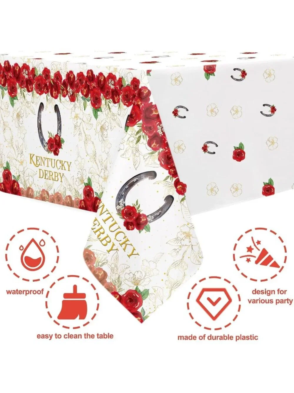 3 Pc Kentucky Derby Plastic Tablecloth Set 54x108 Red Rose Horse Racing Party